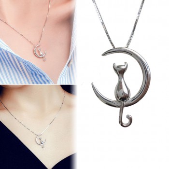 Fashion Cat Moon Pendant Necklace Charm Silver Gold Color Link Chain Necklace For Pet Lucky Jewelry For Women Gift Shellhard 